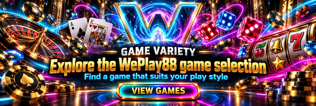 Colourful casino game symbols, cards and dice arranged around a glowing WePlay88 portal.