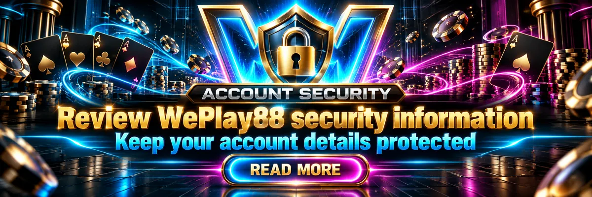 Gold shield and digital lock framed by a neon W-shaped portal for WePlay88 account security.